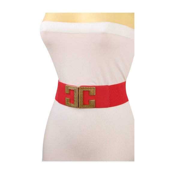 New Women Coral Pink Red Elastic Wide Fashion Belt Gold Metal C Buckle Size S M - Picture 7 of 17